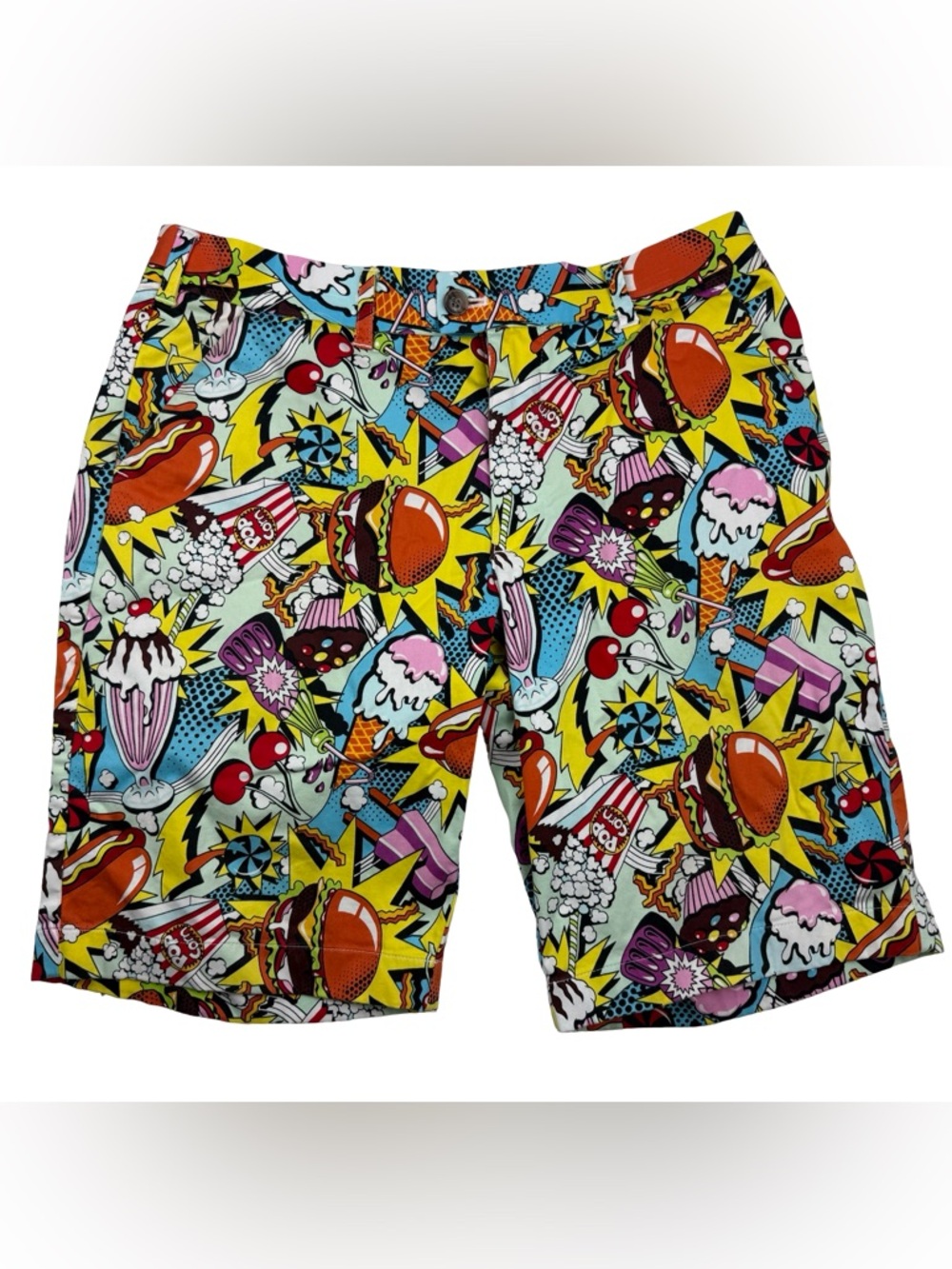LOUDMOUTH Golf Shorts Junk Food Diner Graffiti Cheeseburger Bright 34 Rare